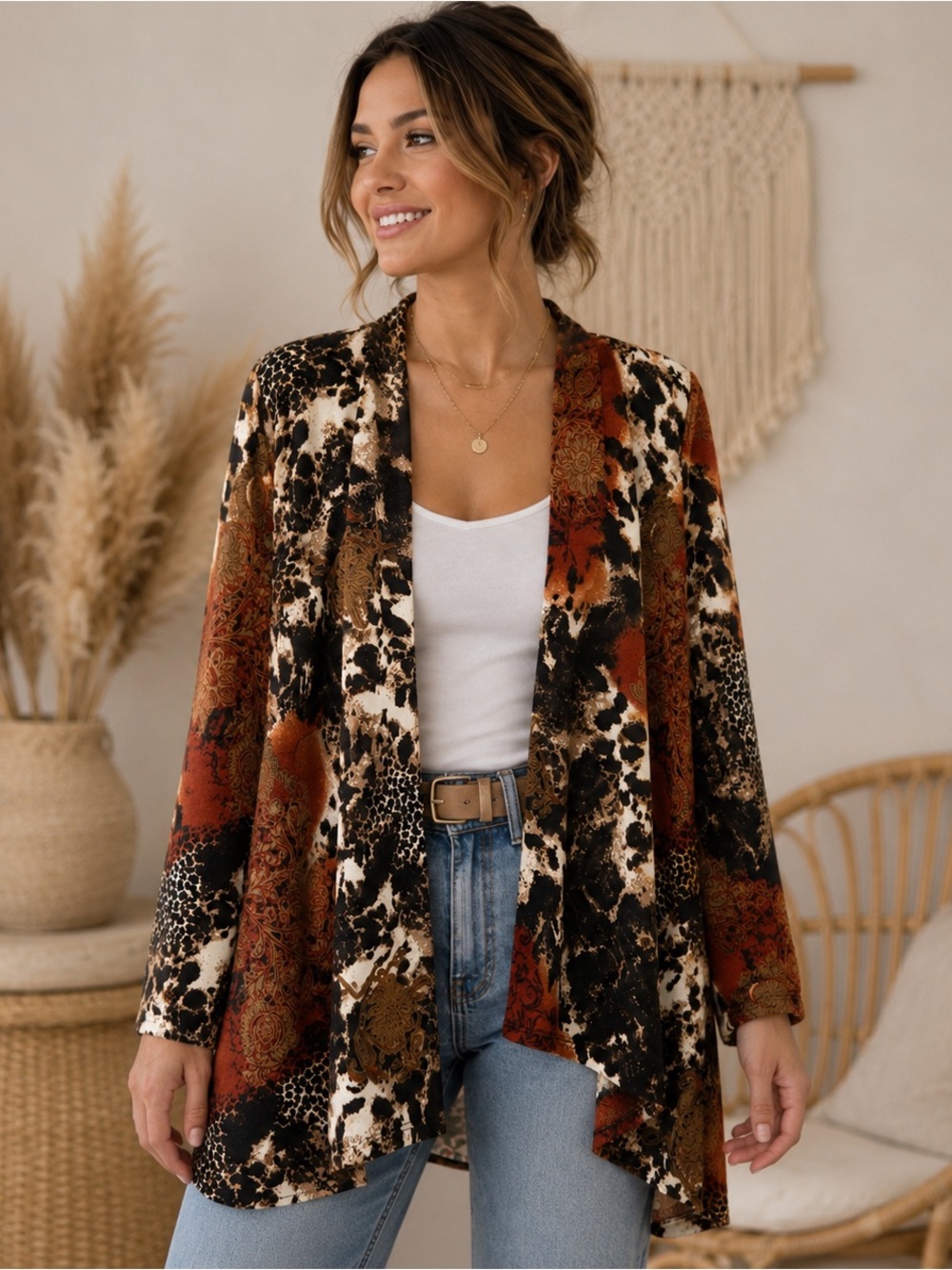 Travel Elements Animal Print Abstract Open Front Cardigan Sweater Colorful Artsy